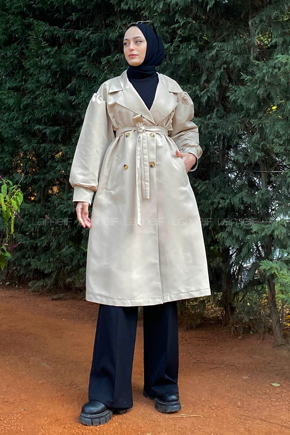 Lamelif Balon Kol Kemerli Trenç Bej