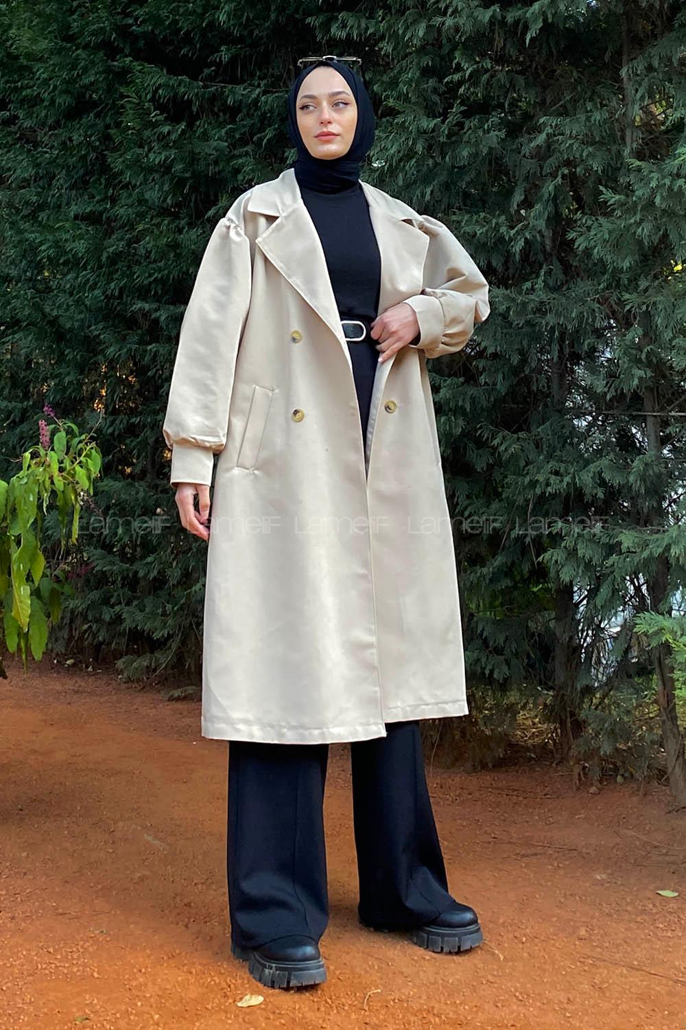 Lamelif Balon Kol Kemerli Trenç Bej