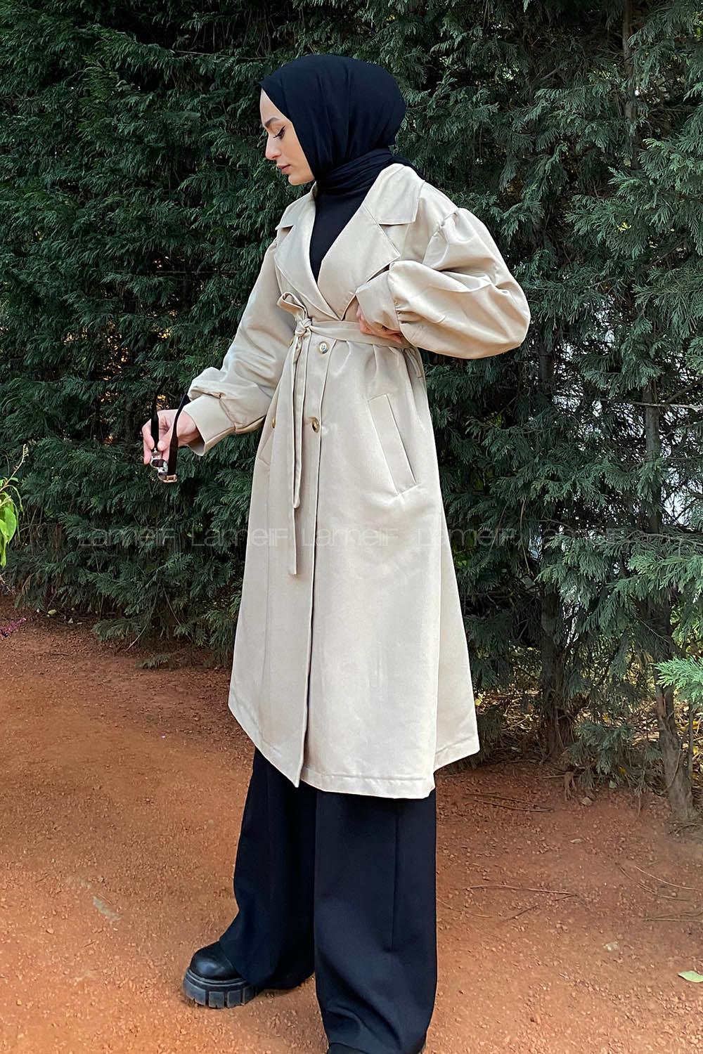 Lamelif Balon Kol Kemerli Trenç Bej