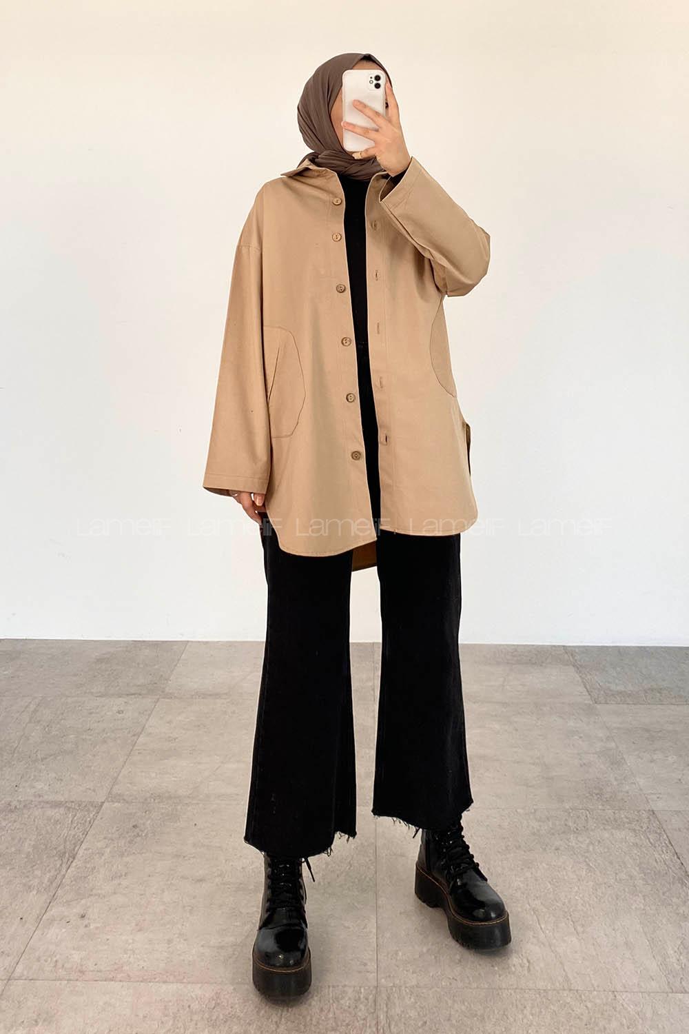 Modalamelif Yan Cepli Gabardin Gömlek Sütlü Kahve