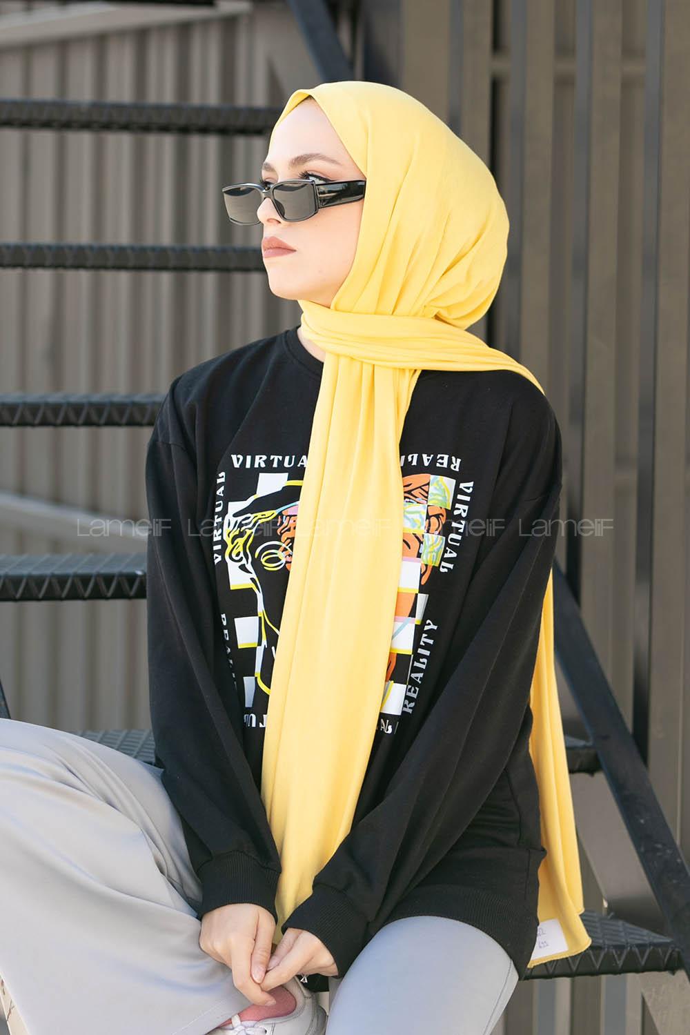 Lamelif Neon Sarı Penye Şal