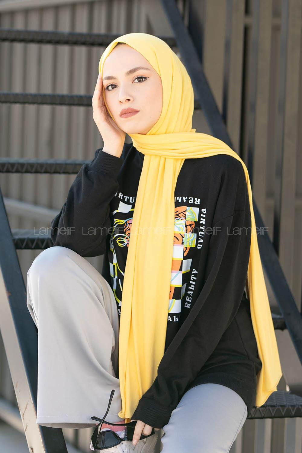 Lamelif Neon Sarı Penye Şal