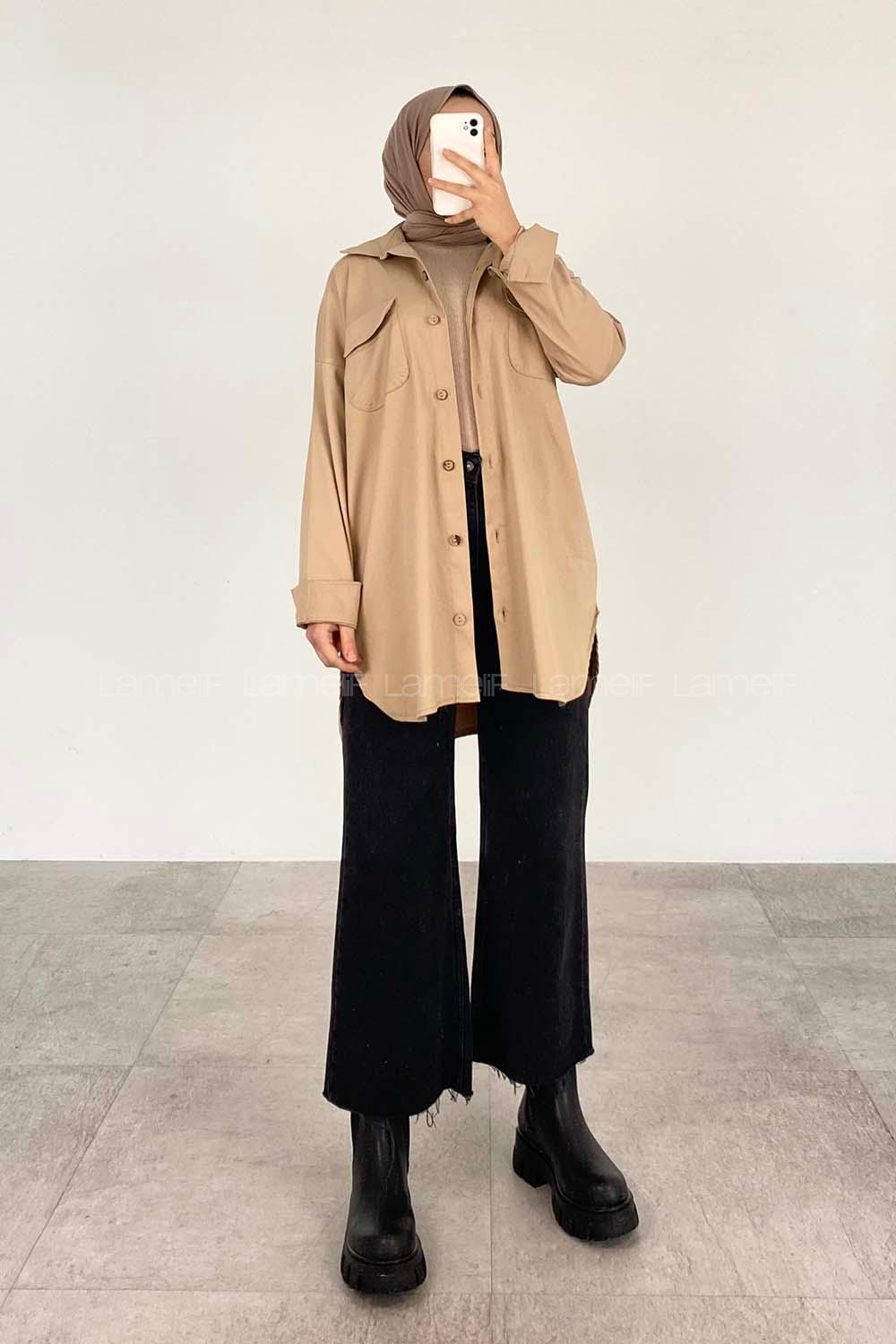 Beige Shirt Collar Long Arm Cotton Fabric Unprinted Shirt