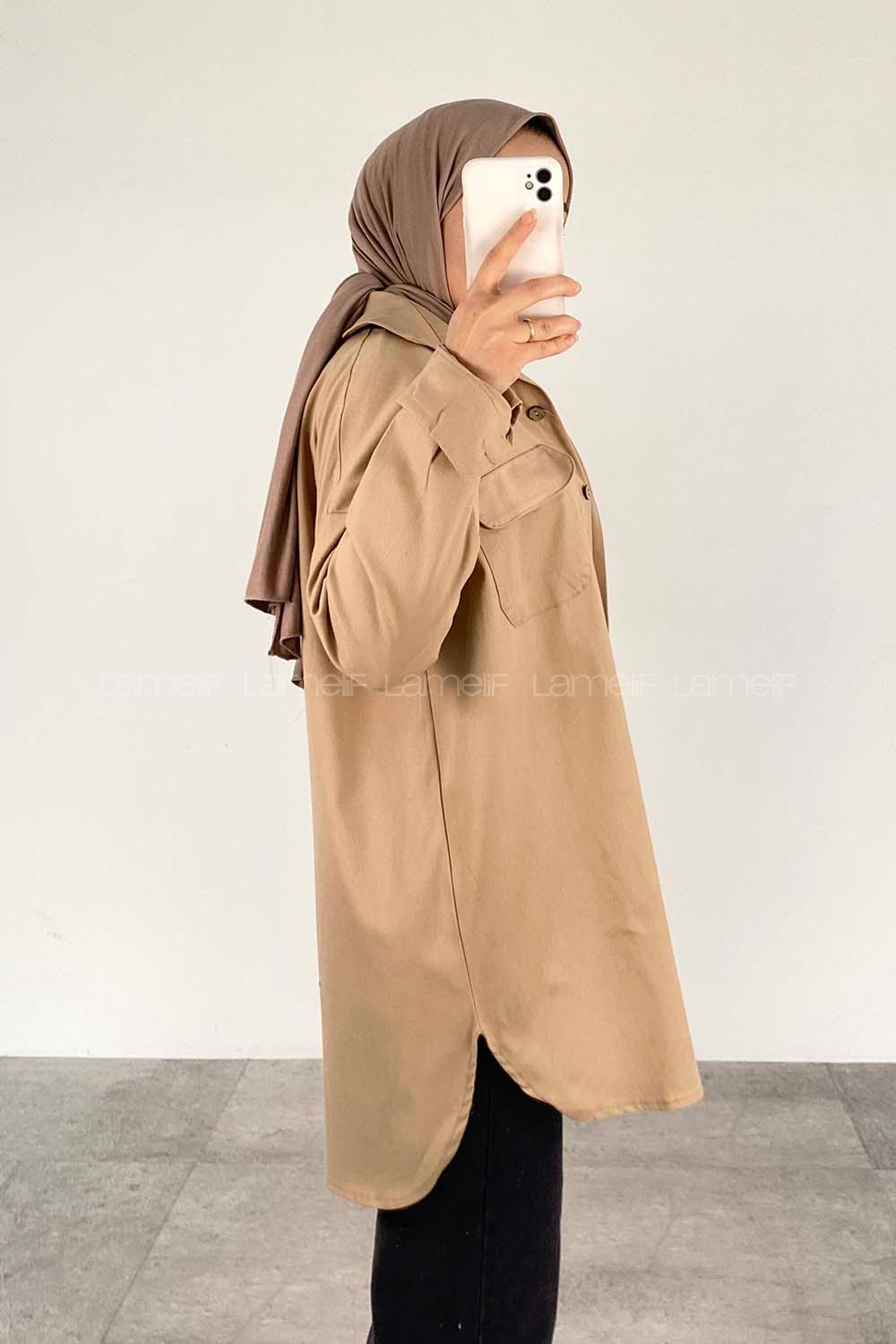 Beige Shirt Collar Long Arm Cotton Fabric Unprinted Shirt