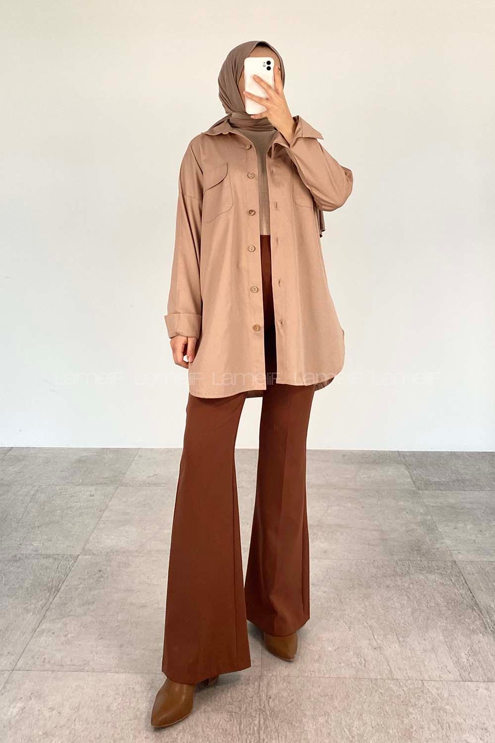 Brown With Milk Shirt Collar Long Arm Cotton Fabric Unprinted Shirt