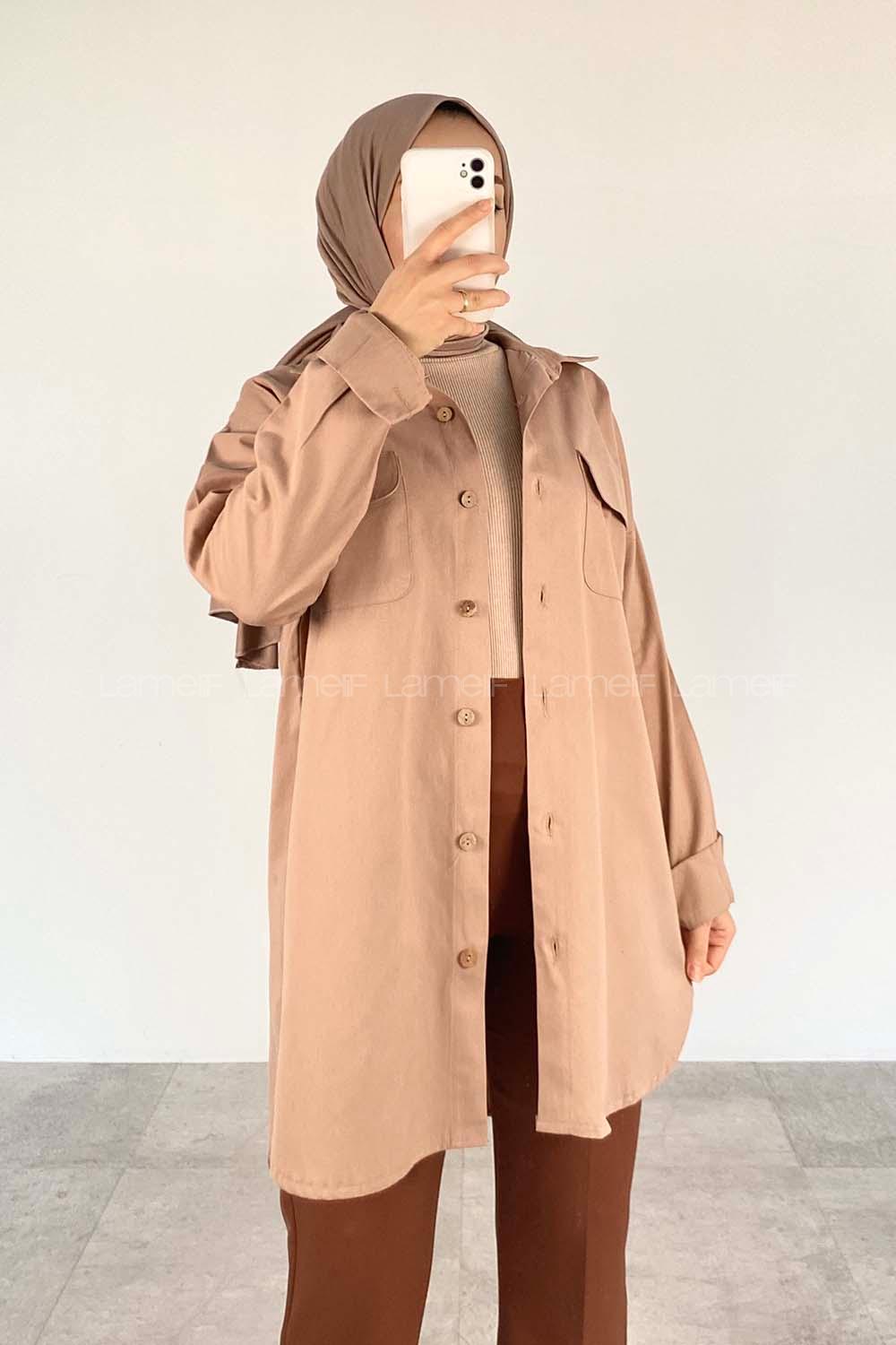 Brown With Milk Shirt Collar Long Arm Cotton Fabric Unprinted Shirt