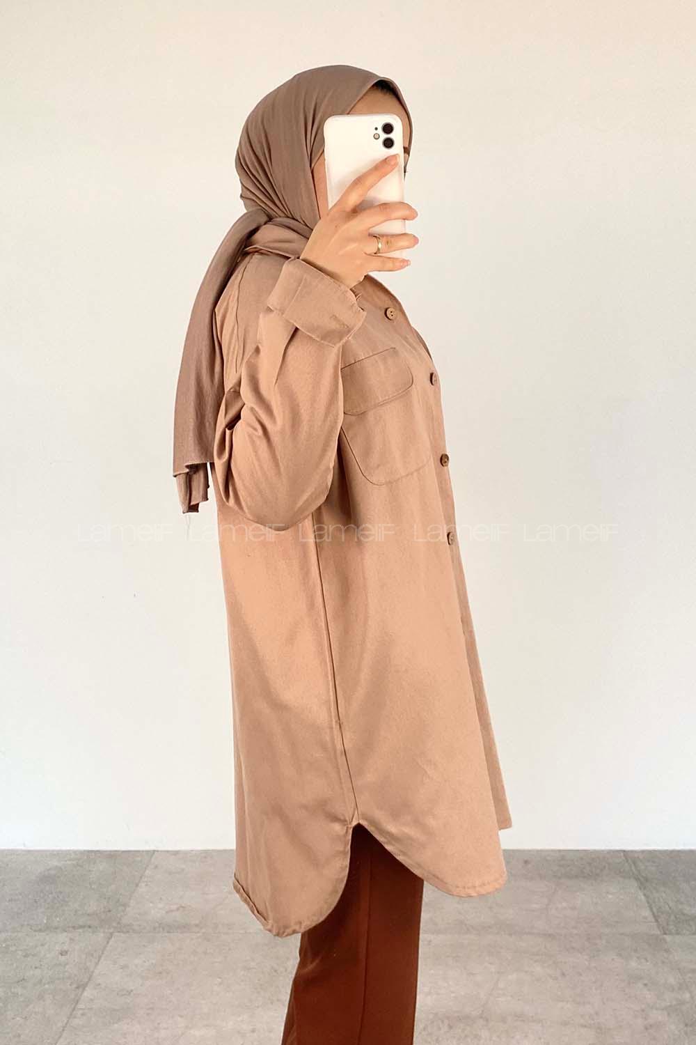 Brown With Milk Shirt Collar Long Arm Cotton Fabric Unprinted Shirt