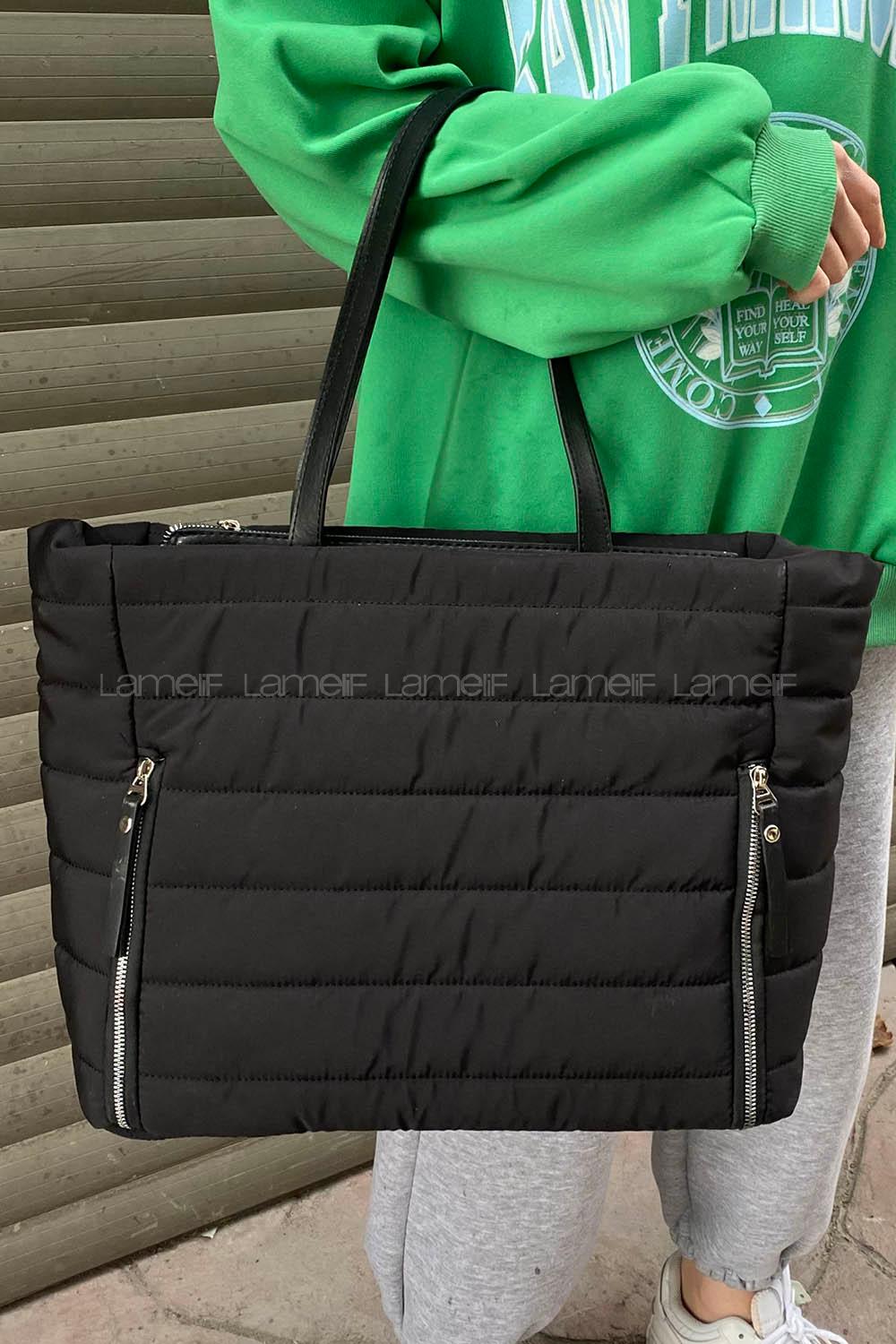 Lamelif Çift Fermuar Detaylı Çanta Siyah