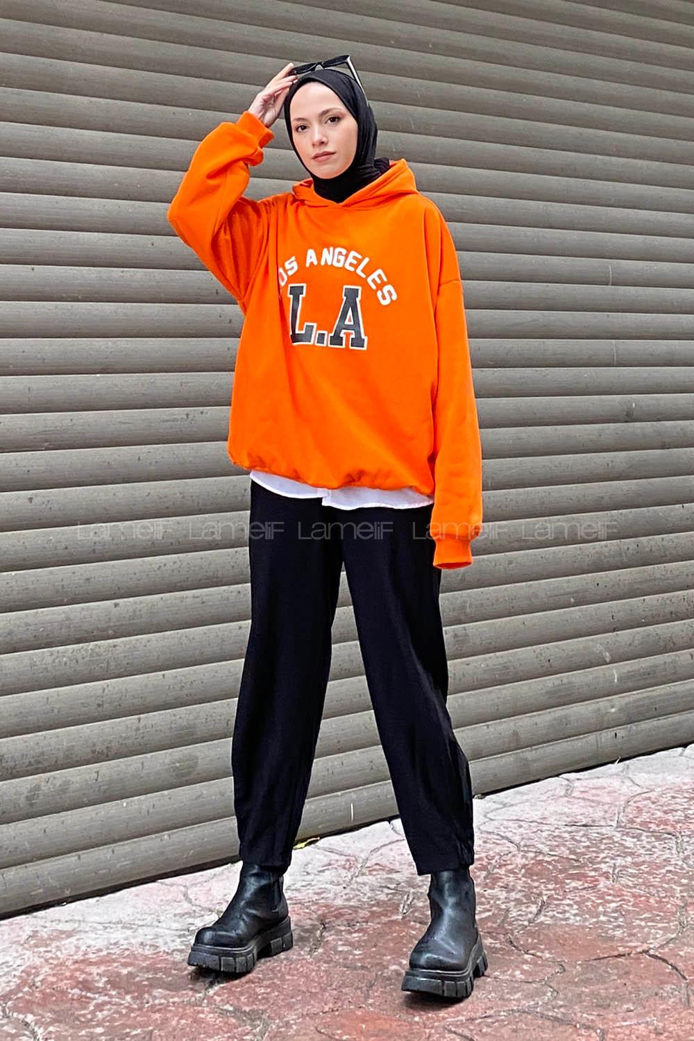 Lamelif Los Angeles Baskılı Oversize Sweatshirt Turuncu