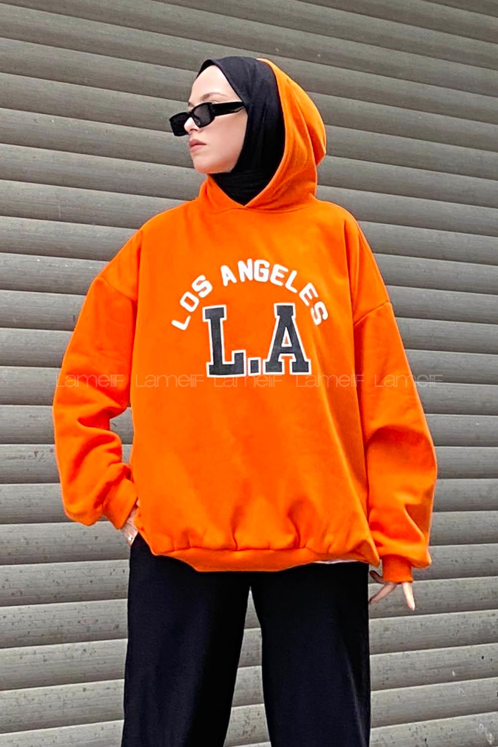 Lamelif Los Angeles Baskılı Oversize Sweatshirt Turuncu