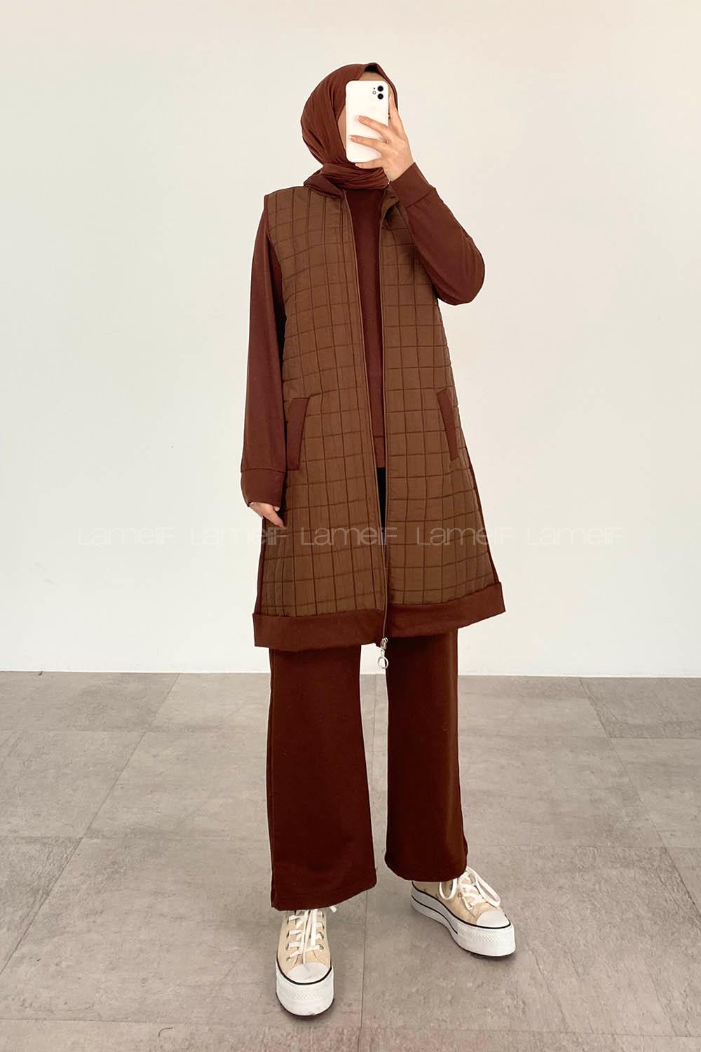 Brown Hood Neck Long Arm With Zipper Cotton Two Threads Regular Trousers Comfortable Suit