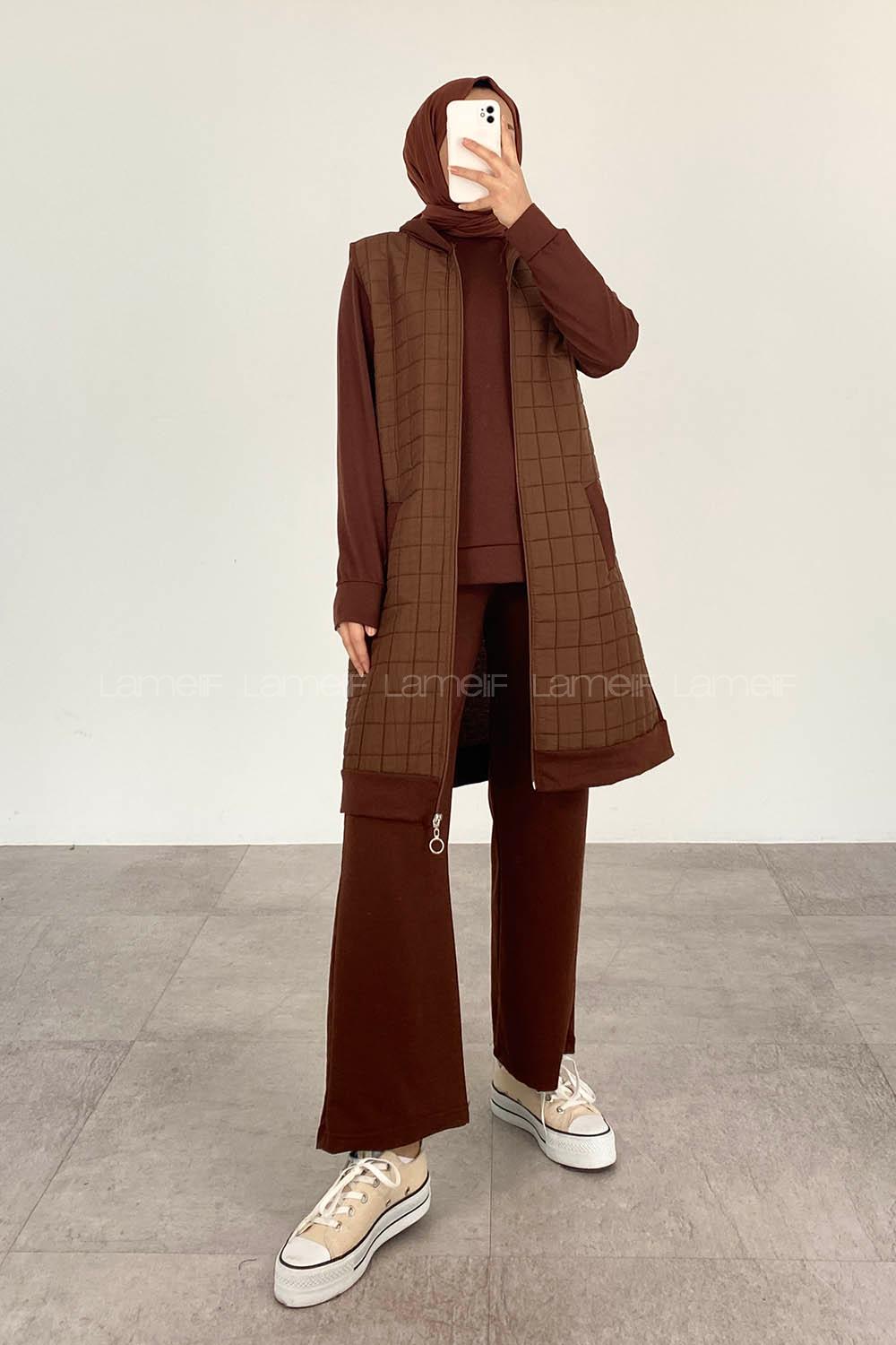 Brown Hood Neck Long Arm With Zipper Cotton Two Threads Regular Trousers Comfortable Suit