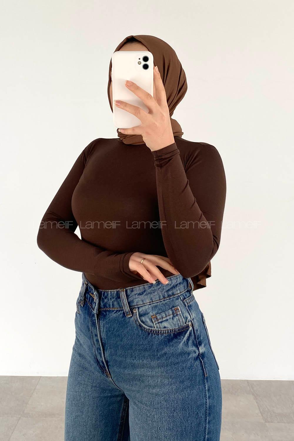 Lamelif Yarım Balıkçı Yaka Düz Renk Body Acı Kahve