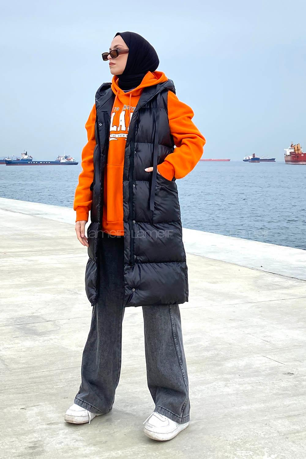 Black Hood Neck Zero Arm Without Accessories Cotton Unprinted Vest