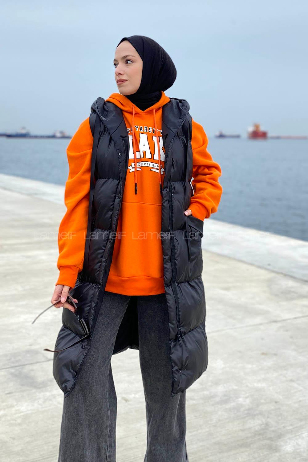 Black Hood Neck Zero Arm Without Accessories Cotton Unprinted Vest