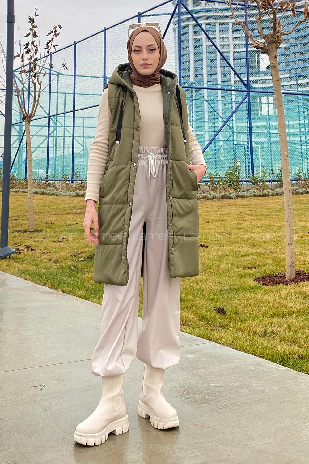 Modalamelif Önü Fermuarlı Şişme Mont Kapüşonlu Yelek Haki