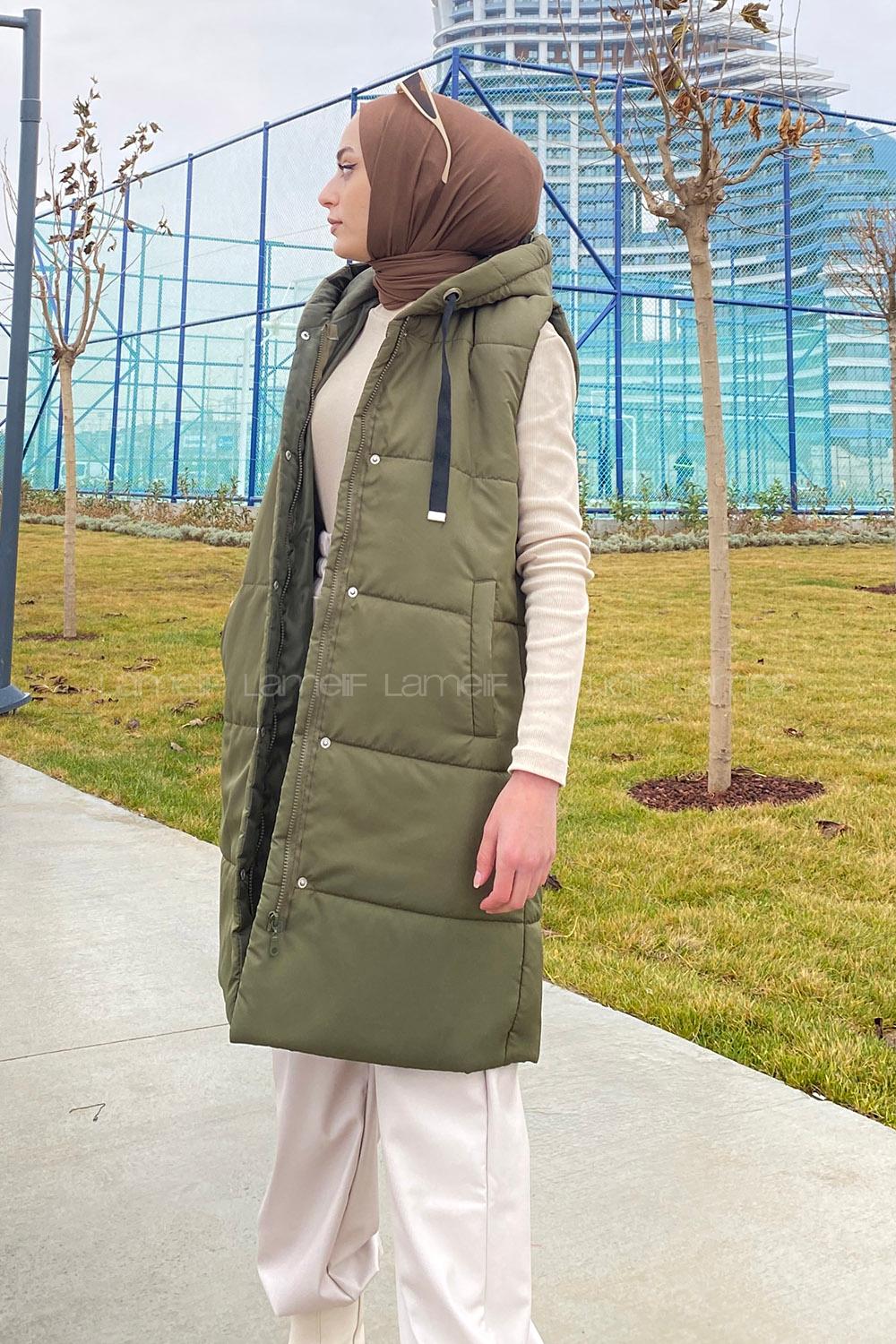 Modalamelif Önü Fermuarlı Şişme Mont Kapüşonlu Yelek Haki