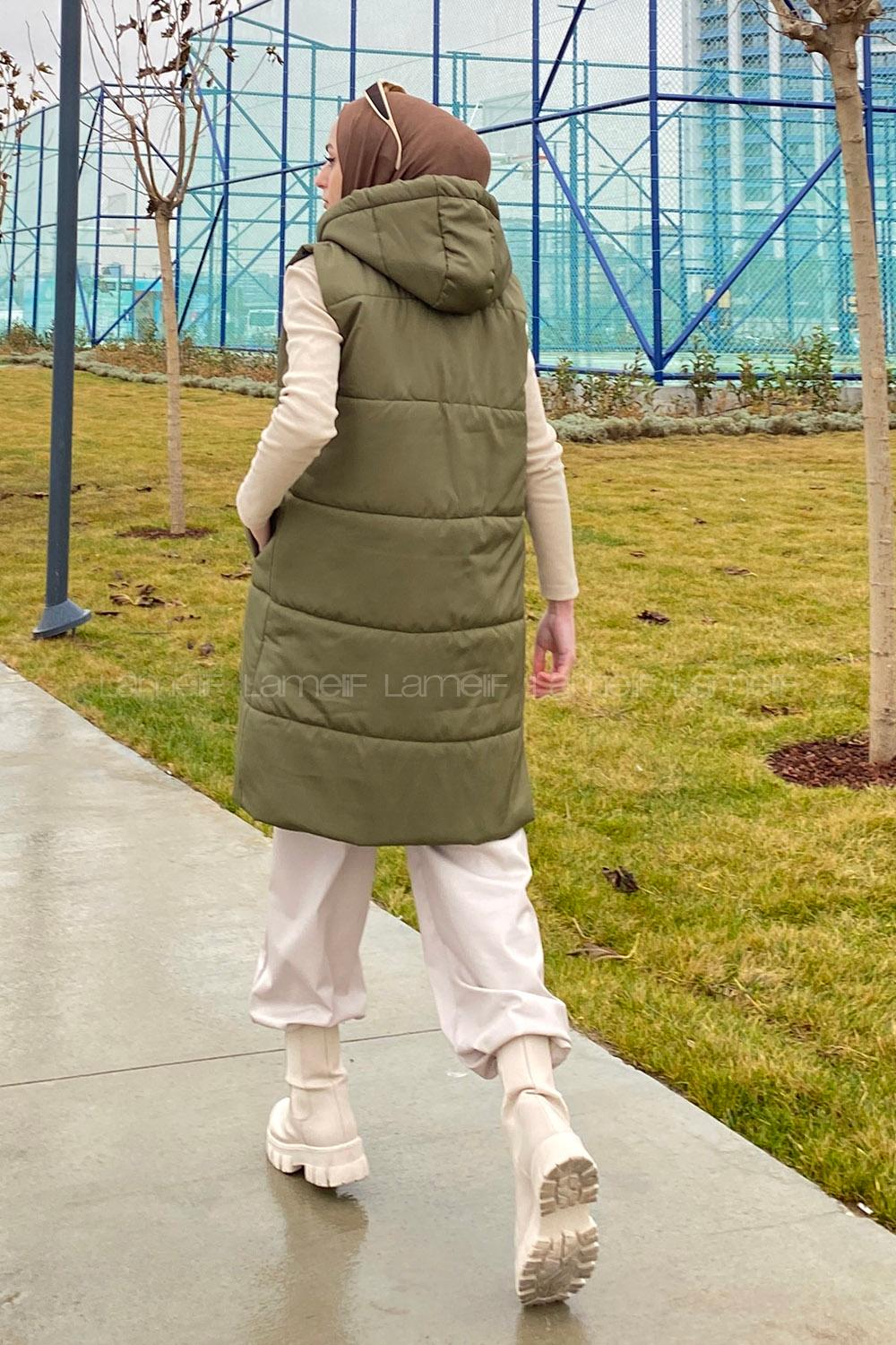 Modalamelif Önü Fermuarlı Şişme Mont Kapüşonlu Yelek Haki