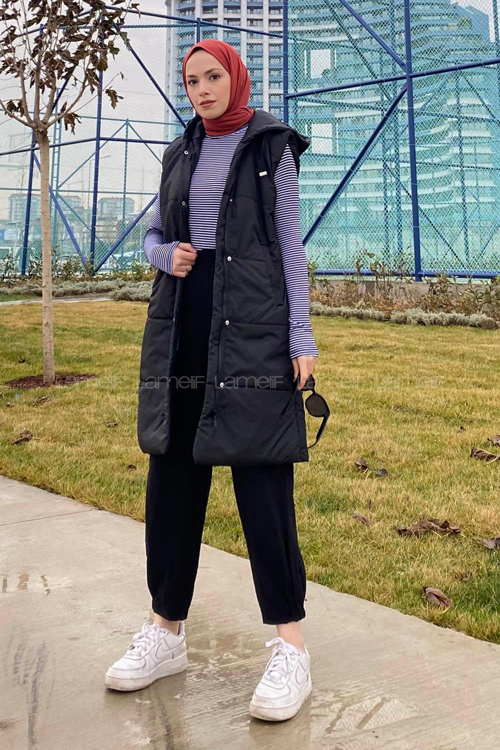 Modalamelif Önü Fermuarlı Şişme Mont Kapüşonlu Yelek Siyah