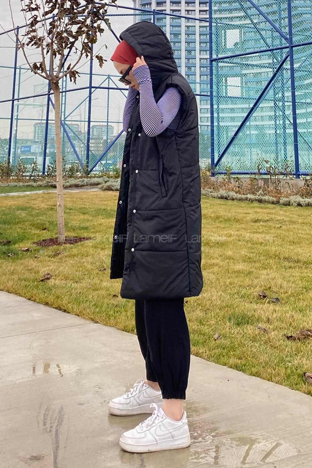 Modalamelif Önü Fermuarlı Şişme Mont Kapüşonlu Yelek Siyah