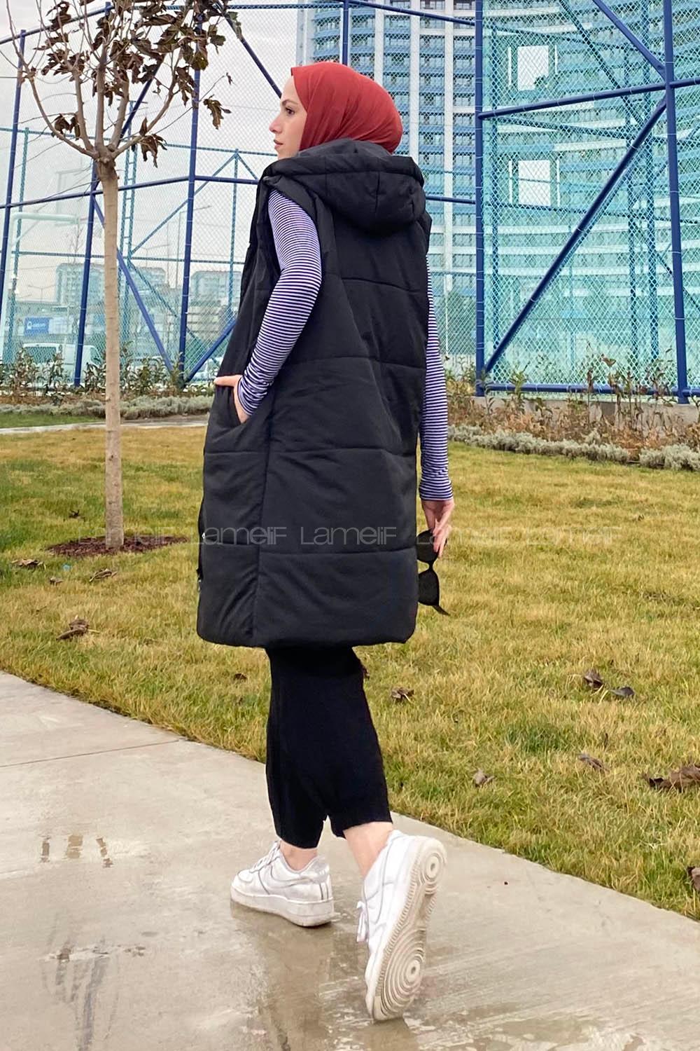 Modalamelif Önü Fermuarlı Şişme Mont Kapüşonlu Yelek Siyah