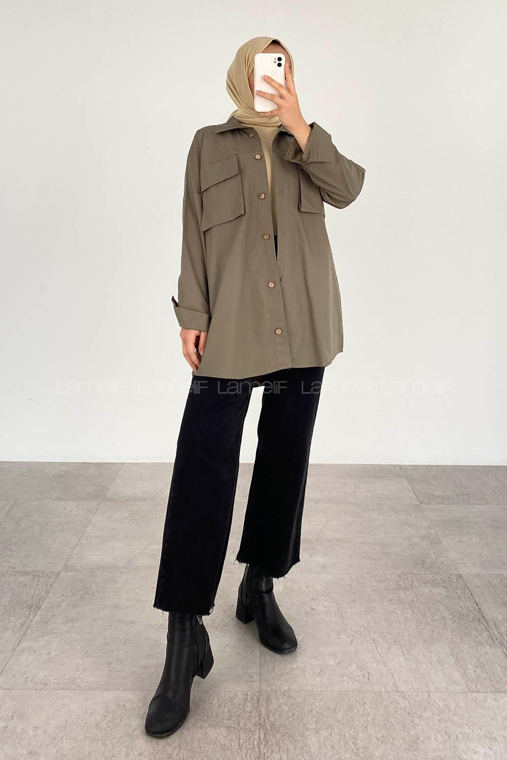 Khaki Shirt Collar Long Arm Cotton Unprinted Shirt