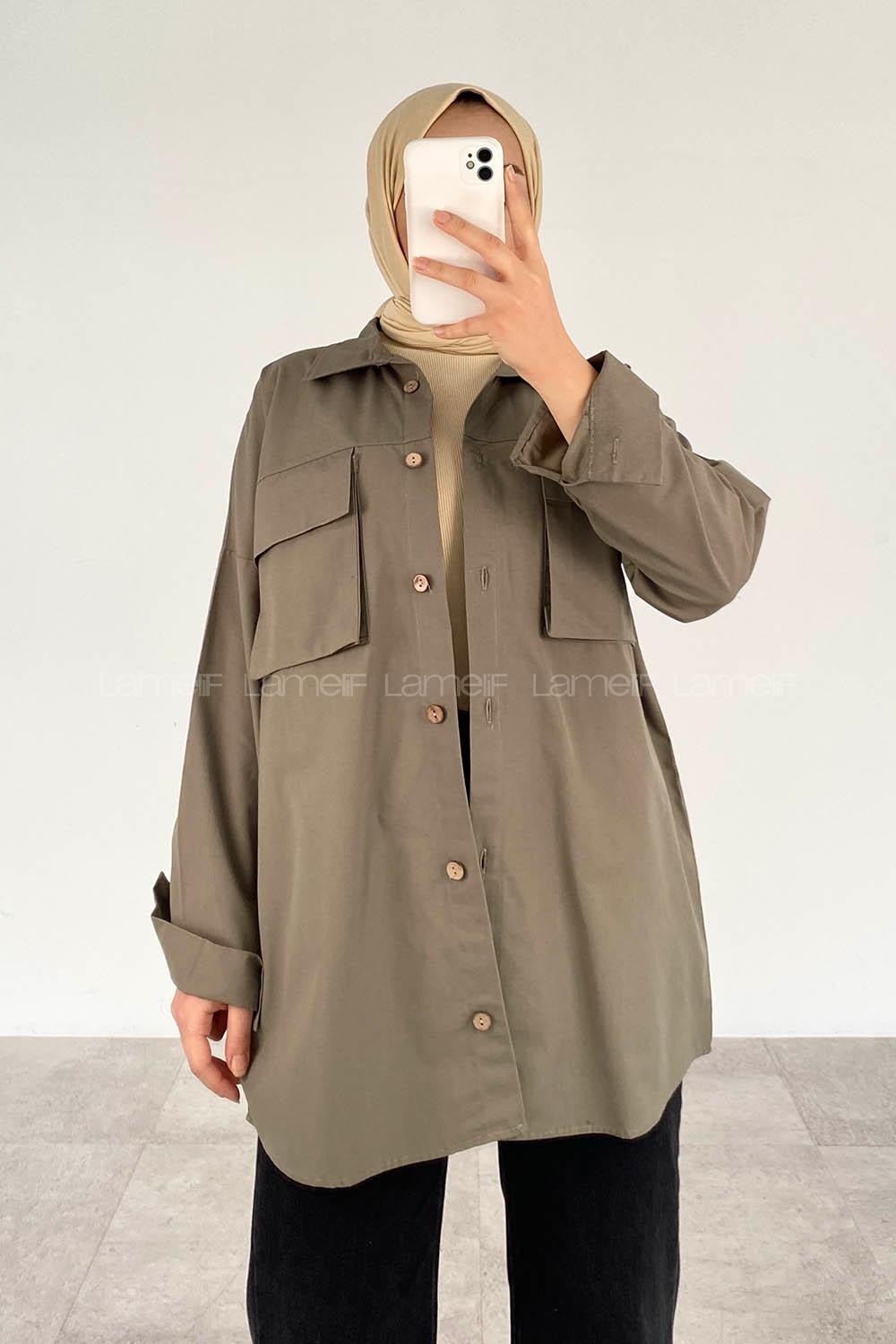 Khaki Shirt Collar Long Arm Cotton Unprinted Shirt