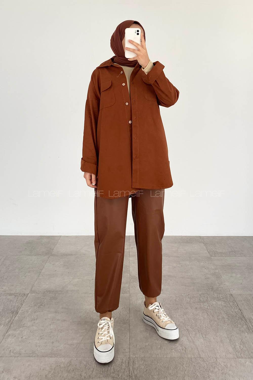 Modalamelif Kapak Cepli Oversize Gömlek Taba