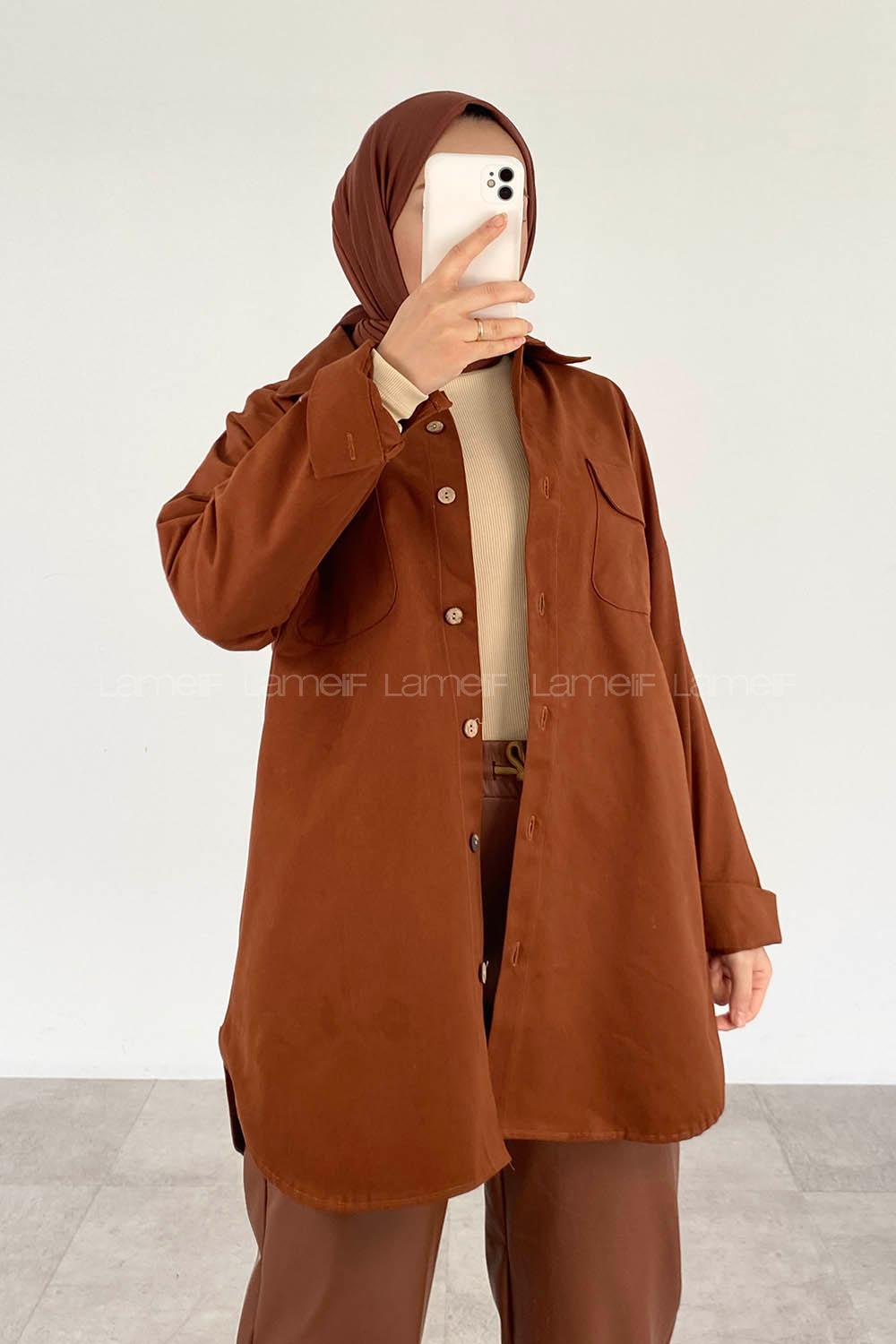 Modalamelif Kapak Cepli Oversize Gömlek Taba