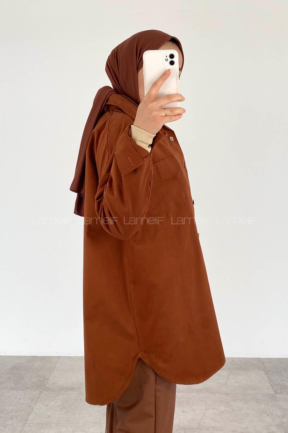 Modalamelif Kapak Cepli Oversize Gömlek Taba