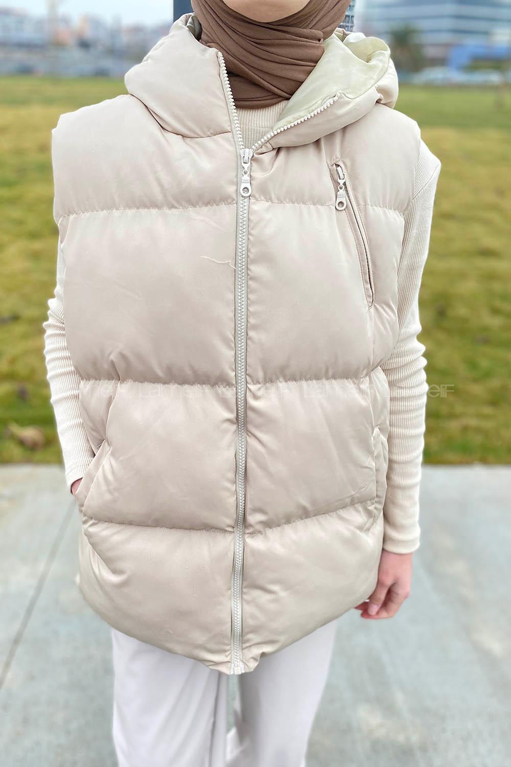 Beige Hood Neck Zero Arm Without Accessories Cotton Unprinted Vest