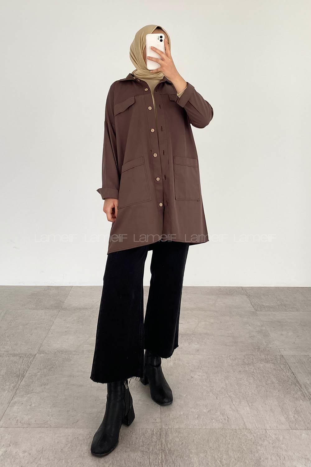 Bitter Brown Shirt Collar Long Arm Cotton Fabric Unprinted Shirt