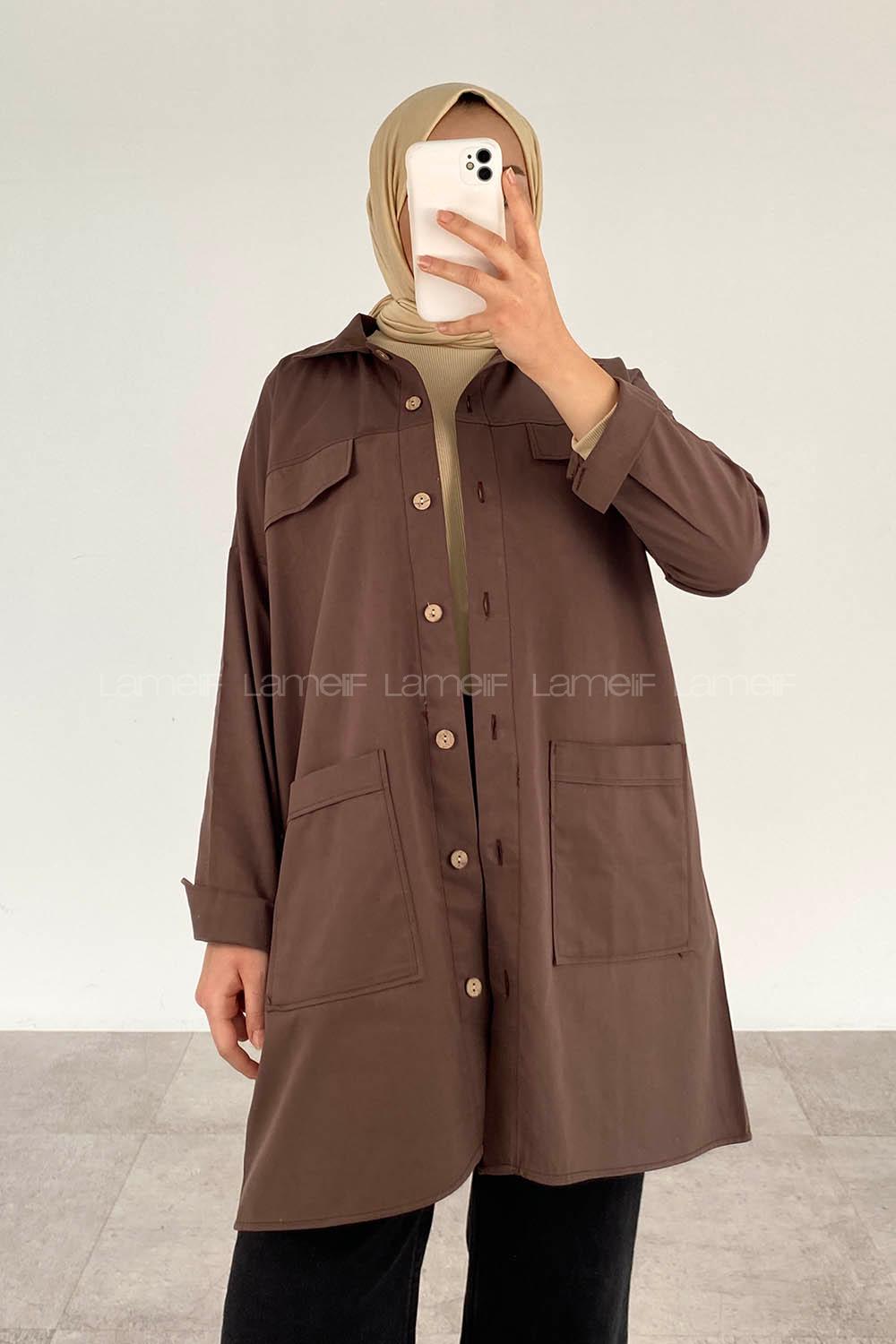Bitter Brown Shirt Collar Long Arm Cotton Fabric Unprinted Shirt