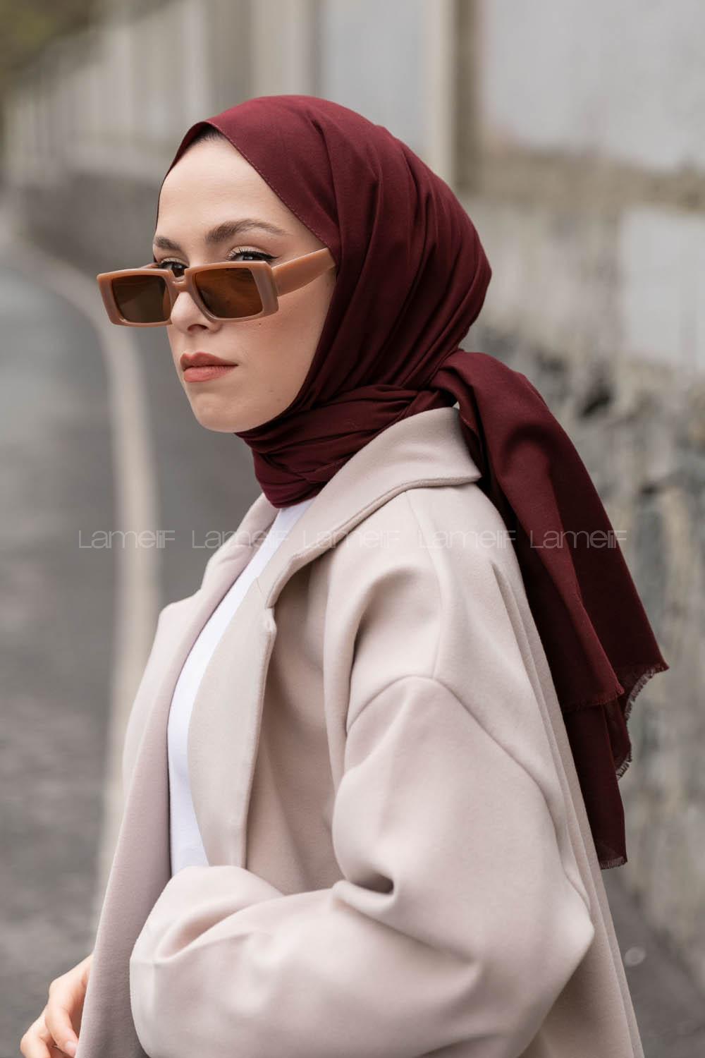 Lamelif Koyu Bordo Keten Şal