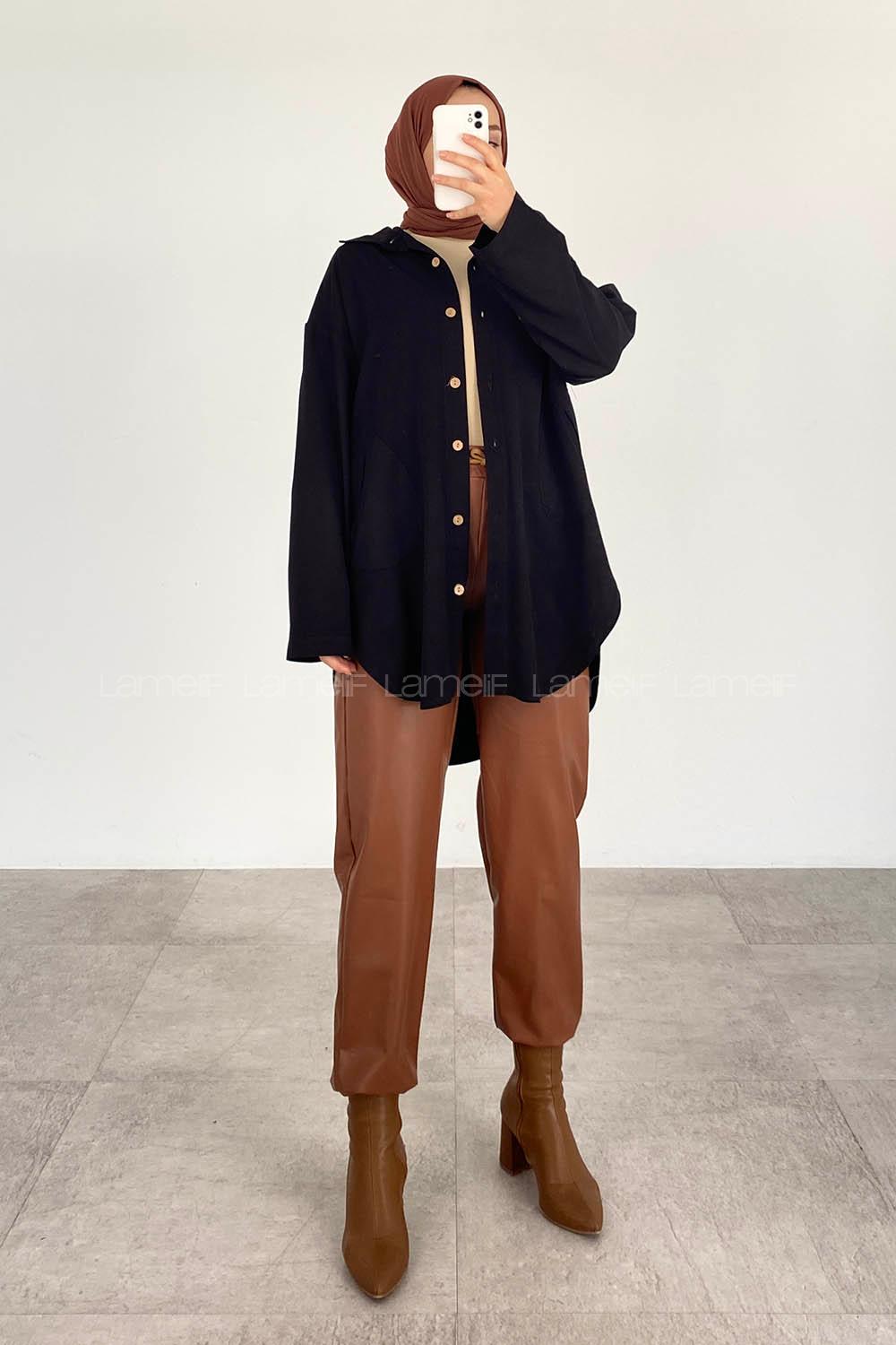 Modalamelif Yan Cepli Gabardin Gömlek Siyah