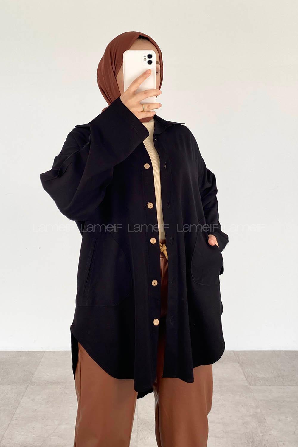 Modalamelif Yan Cepli Gabardin Gömlek Siyah