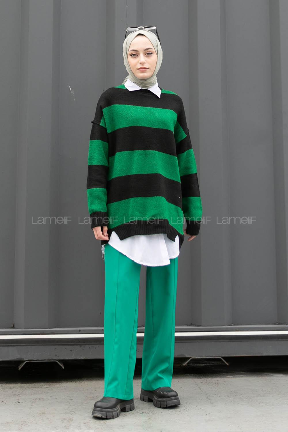 Modalamelif Bisiklet Yaka Renk Garnili Çizgili Bertie Triko Kazak Siyah-Haki