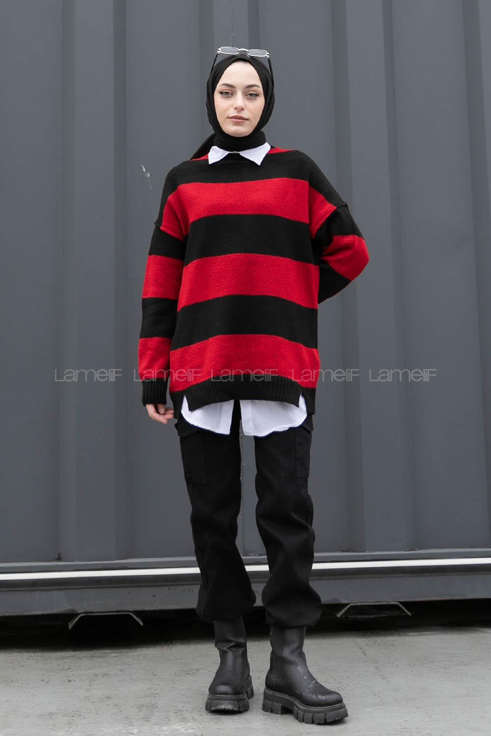 Modalamelif Bisiklet Yaka Renk Garnili Çizgili Bertie Triko Kazak Siyah-Kırmızı