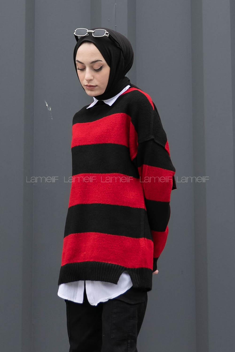 Modalamelif Bisiklet Yaka Renk Garnili Çizgili Bertie Triko Kazak Siyah-Kırmızı