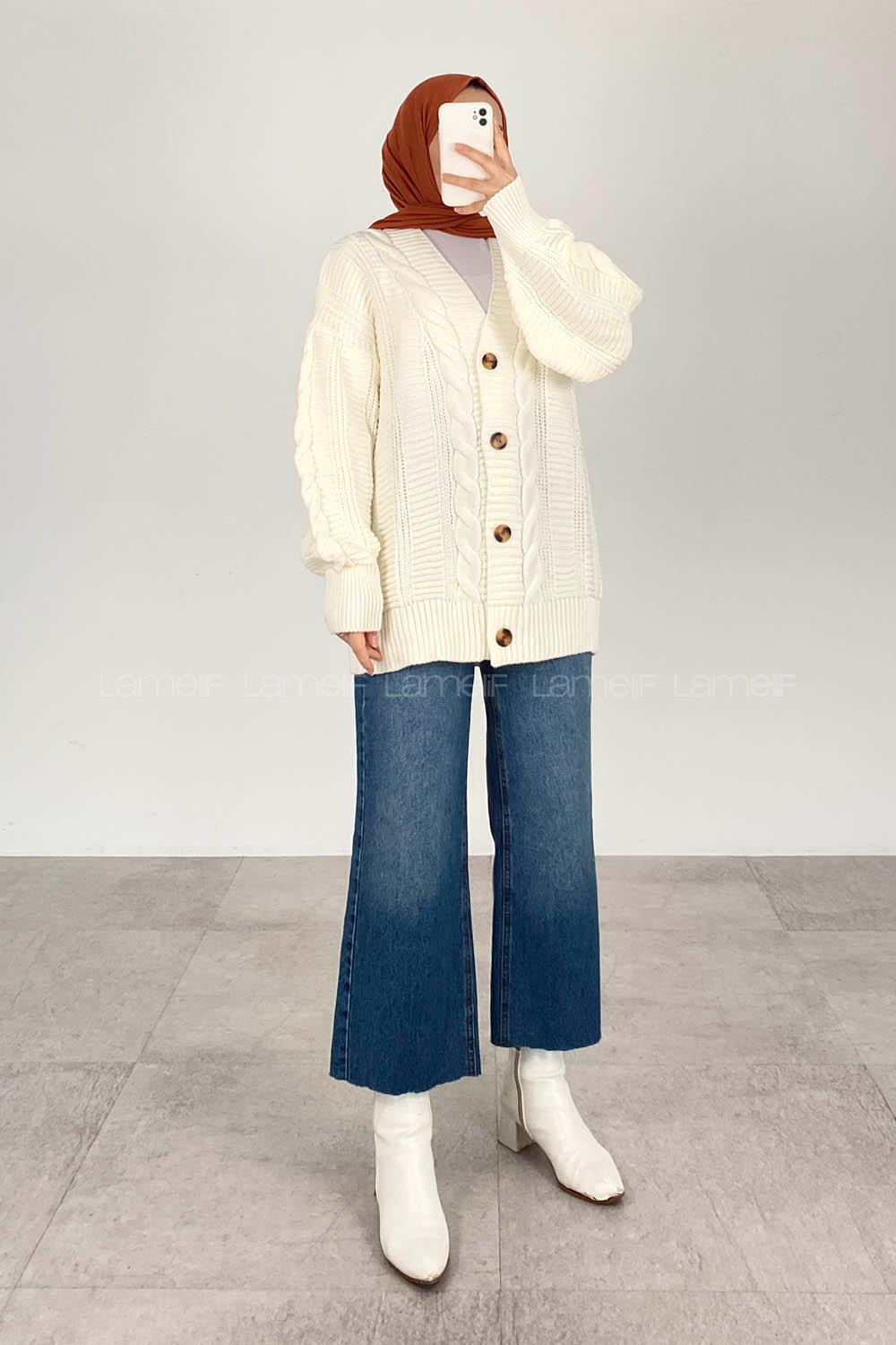 Modalamelif Balon Kol Örgü Desen Ön Düğmeli Hırka Ekru