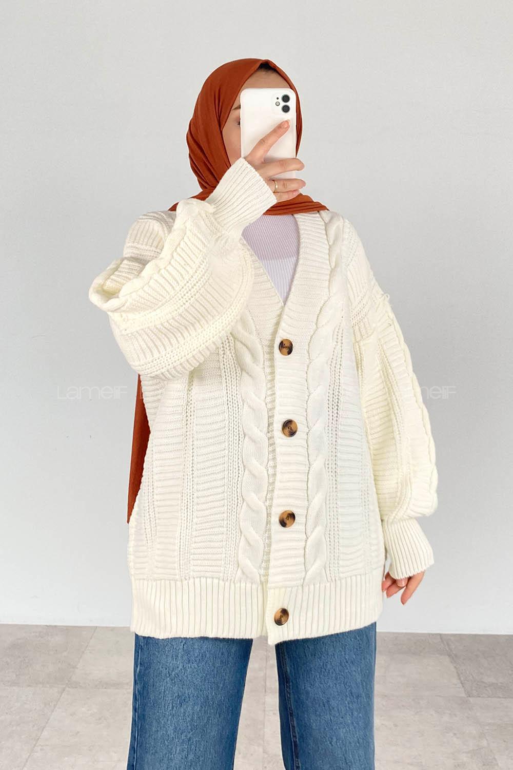 Modalamelif Balon Kol Örgü Desen Ön Düğmeli Hırka Ekru