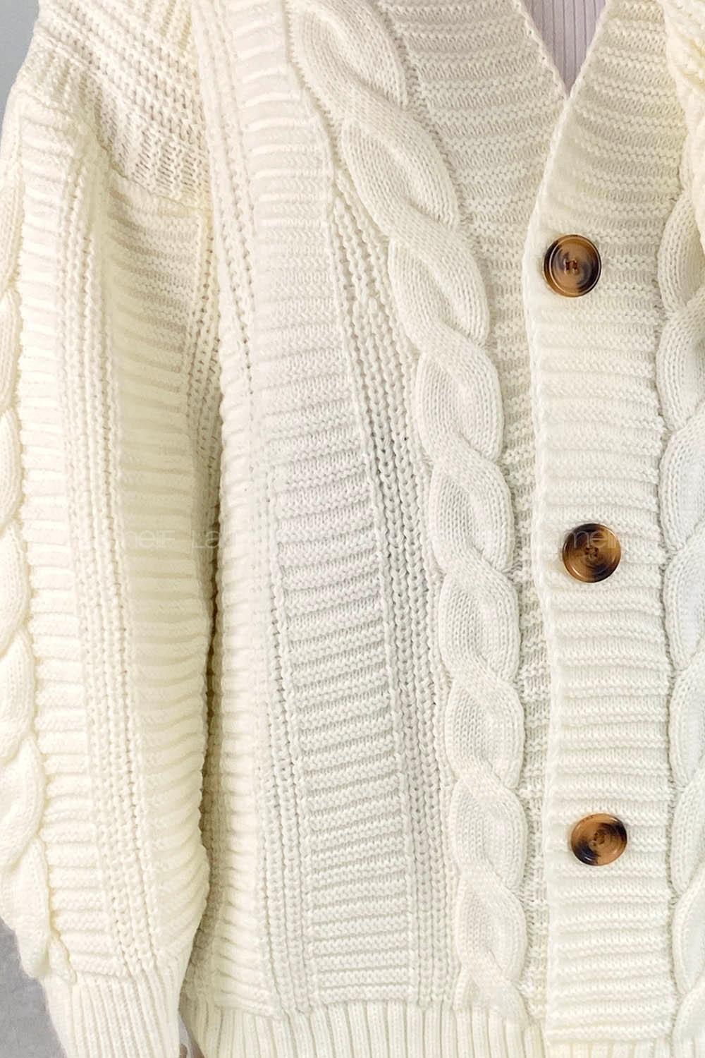 Modalamelif Balon Kol Örgü Desen Ön Düğmeli Hırka Ekru