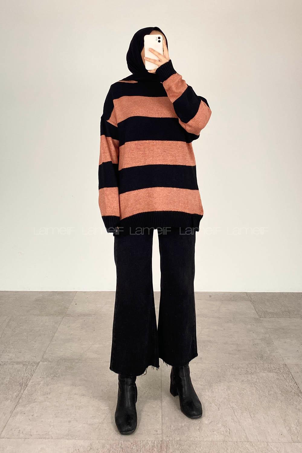 Modalamelif Bisiklet Yaka Renk Garnili Çizgili Bertie Triko Kazak Siyah-Gül