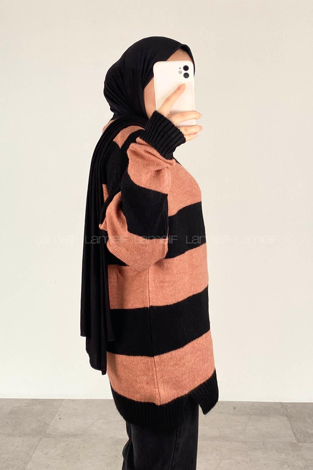 Modalamelif Bisiklet Yaka Renk Garnili Çizgili Bertie Triko Kazak Siyah-Gül