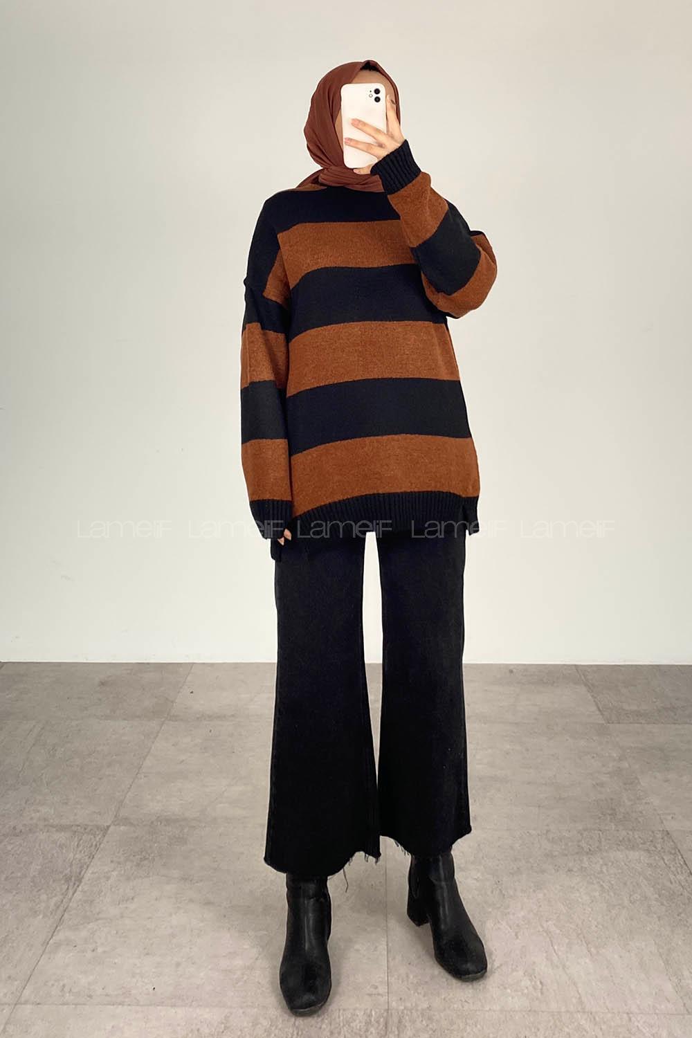 Modalamelif Bisiklet Yaka Renk Garnili Çizgili Bertie Triko Kazak Siyah-Kahverengi