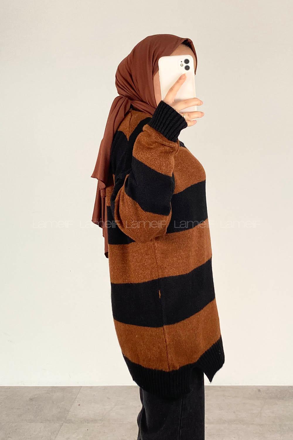 Modalamelif Bisiklet Yaka Renk Garnili Çizgili Bertie Triko Kazak Siyah-Kahverengi