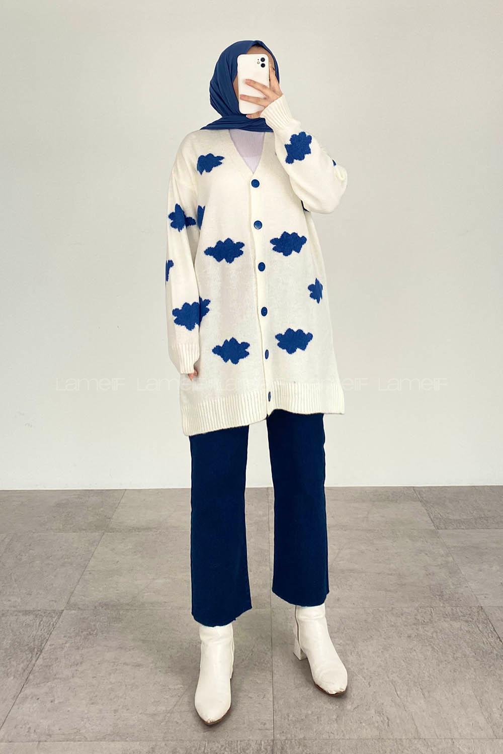 Modalamelif Boydan Düğmeli Bulut Desen Hırka Ekru