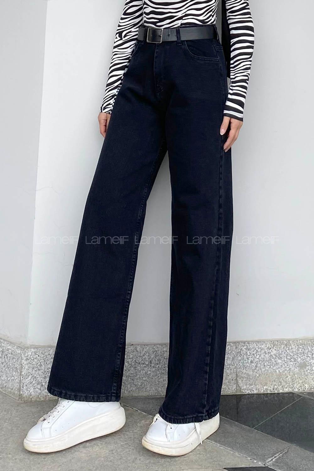 Lamelif Bol Paça  Dökümlü Jeans  Füme