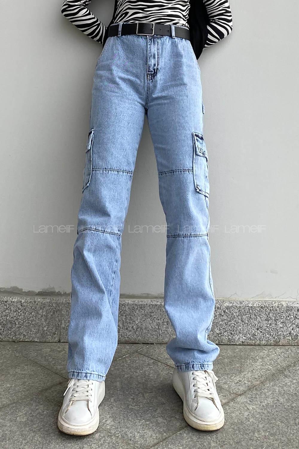 Ice Blue Denim High Waist Cargo Pants