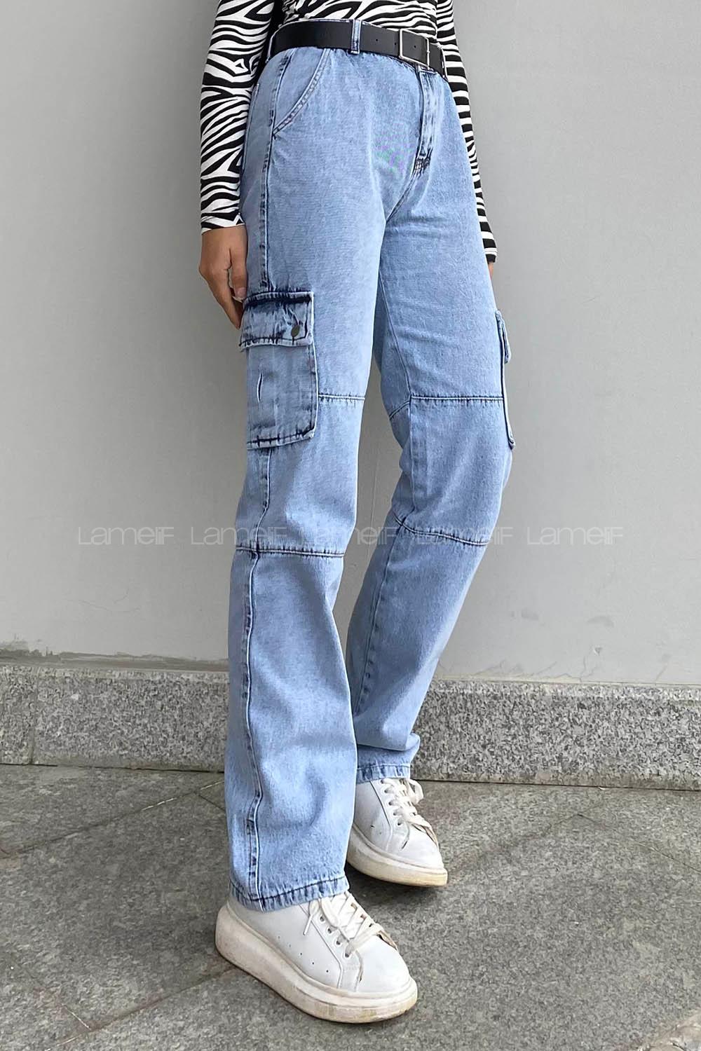 Ice Blue Denim High Waist Cargo Pants